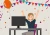 Tekening: juichende vrouw achter computer met slingers en confetti