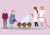 Illustratie met jonge zorgverleners en een ouder echtpaar